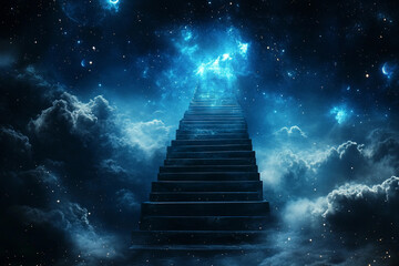 Staircase leading into a vibrant cosmic space filled with swirling colors and stars