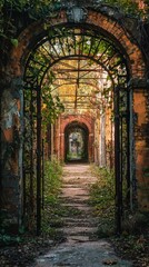 Fototapeta premium Abandoned path in overgrown ruins with autumn foliage surrounding