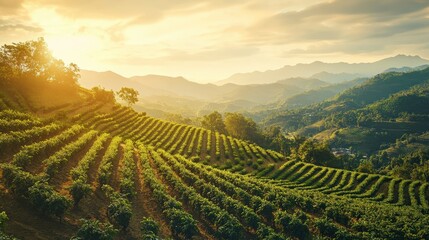 Naklejka premium coffee plantation nestled in the mountains, with rows of coffee plants thriving under the warm sun,