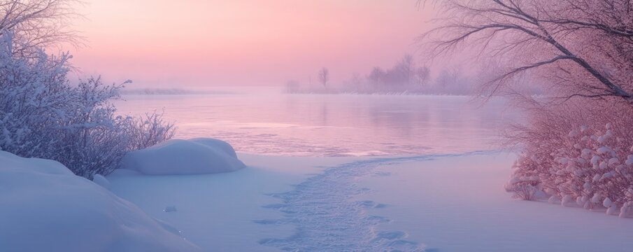 snow-covered tril leding to  frozen lke under  pstel pink sky