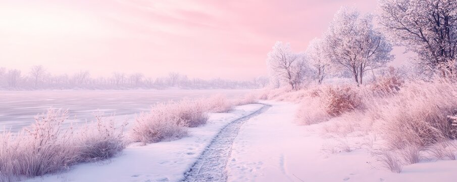 snow-covered tril leding to  frozen lke under  pstel pink sky