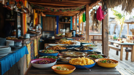 vibrant display of traditional dishes in rustic cafe setting, showcasing colorful food
