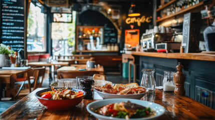 cozy rustic cafe interior with delicious food and drinks on table