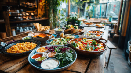 Obraz premium vibrant spread of delicious dishes rustic wooden table, showcasing fresh ingredients and