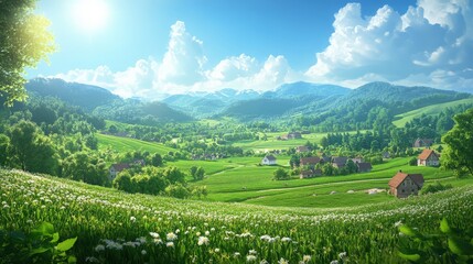 Fototapeta premium daytime countryside view, where lush green fields stretch to the horizon and small farmhouses dot the landscape.