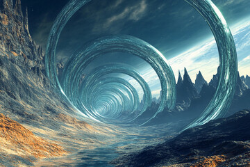 Cosmic journey through swirling portals in an otherworldly landscape filled with mountains and a winding path under a starry sky