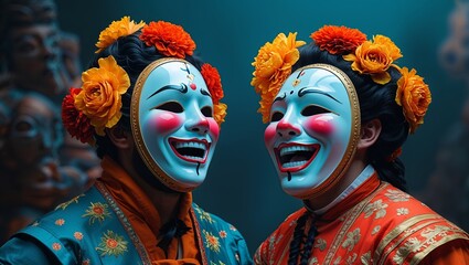 Two People Wearing Traditional Masks with Flowers Laughing with Joyful Expressions