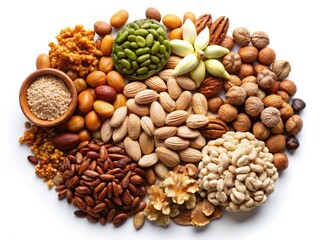 Crisp, high-res images of assorted nuts and seeds, isolated on a clean white background.