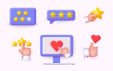 Set of realistic 3d render game achievements concept on white background. High quality rating symbol, customer feedback sign. 3D Web Vector Illustrations.