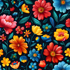 A vibrant floral pattern featuring various colorful flowers on a dark background.