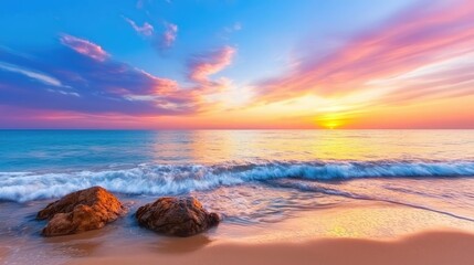 Obraz premium Sunset over ocean waves nature idea. A tranquil sunset over the ocean with vibrant colors reflecting off the water.
