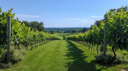 Naklejka premium vineyard under a clear blue sky, with rows of grapevines stretching into the horizon, offering feelings of abundance.