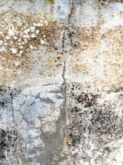 Close up of heavily weather concrete wall with cracks and moss corrosion Grungy Masionary Background