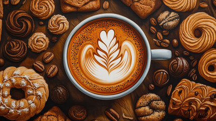 steaming cup of coffee surrounded by various baked goods and pastries