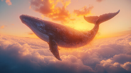 Fototapeta premium A wide-angle composition featuring a whaleâ€™s powerful breach with crashing waves below, the sky ablaze with sunset colors providing a cinematic nature documentary vibe,