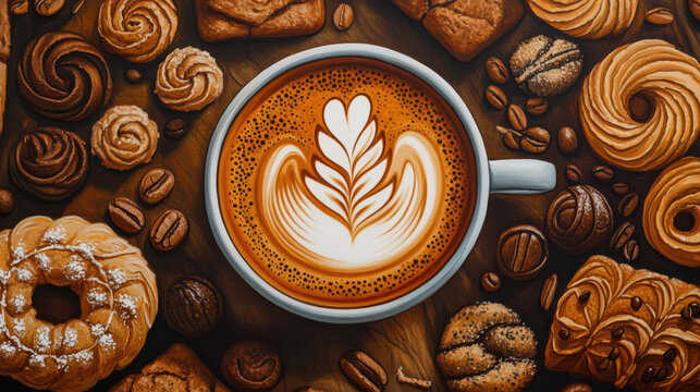 steaming cup of coffee surrounded by various baked goods and pastries