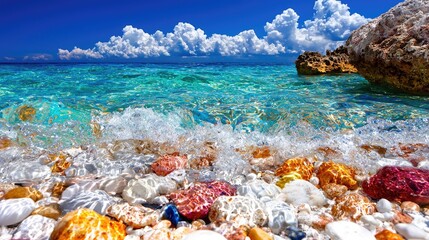Obraz premium Colorful pebbles on beach, turquoise water, sunny sky. Travel brochure