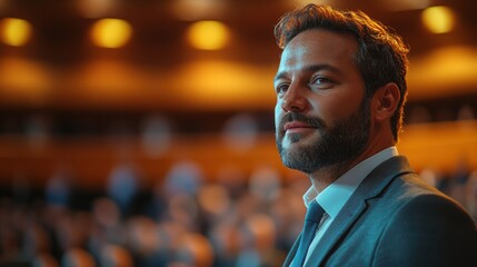 Naklejka premium Professional Man in Suit Observing Audience at Conference Event. Generative AI