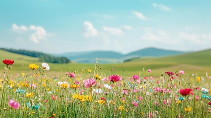 Tropical island nature concept. Vibrant wildflower meadow under a clear blue sky with distant rolling hills.