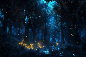Enchanted forest filled with glowing lights and magical atmosphere at night