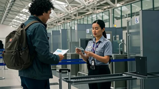 Traveler, security and asian woman at airport check in with passport for travel, immigration or vacation. Male person, bag and document at gate for flight, journey or control