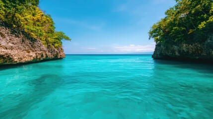 Fototapeta premium Tropical island nature concept. A serene blue ocean surrounded by lush green cliffs and clear skies.