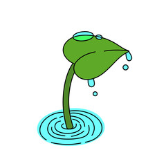 A cartoonish green leaf with water droplets on it