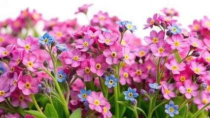 Delicate pink forget-me-nots bloom, a vibrant myositis ground cover, isolated on white.