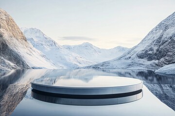 Circular Platform Over Lake with Snowy Mountain Backdrop, Product Display Stage, Winter Scenery in High Resolution


