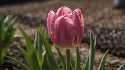 Pink Tulip Flower, Pink and white tulips blooming in spring, Close-up picture of beautiful pink tulips flower in garden background