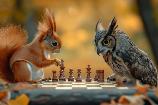 Squirrel And Owl Playing Chess