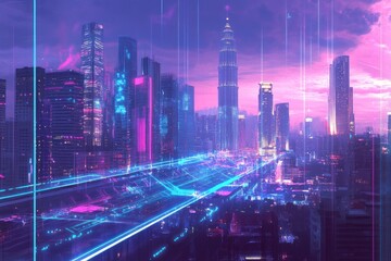 Futuristic city skyline with neon lights and digital highway.