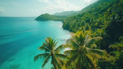 Tropical island nature concept. A serene tropical beach scene with lush greenery and crystal-clear waters.