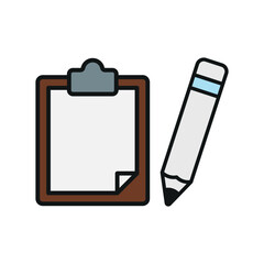 Clipboard and pencil set stationery icon in flat style, featuring a clipboard with paper and a sharp pencil, perfect for office, school, and productivity themes.