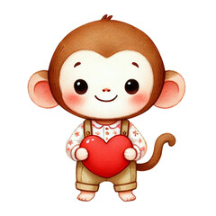 Fototapeta premium Cute monkey character holding heart digital art whimsical