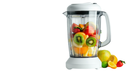Blender full of fresh fruits on transparent background, ready for making smoothie