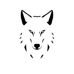 Majestic Wolf Head: Minimalist Black and White Animal Portrait. A striking vector graphic design, perfect for logos, illustrations, and nature-themed projects.