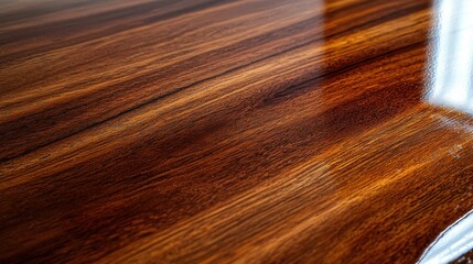 Close-Up of Polished Wood Surface with Rich Grain Patterns and Shine