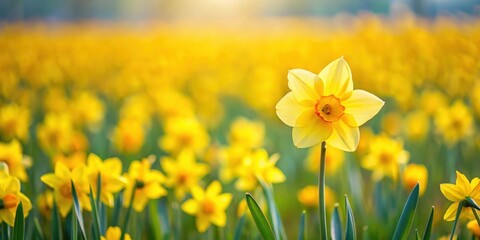 Fototapeta premium A lone daffodil stands tall amidst a sea of vibrant yellow flowers swaying gently in the breeze, blossoming, yellow