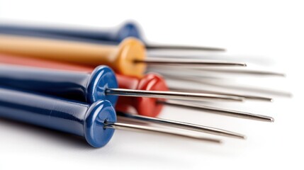 A close-up of colorful sewing needles with long metallic tips for crafting and stitching.
