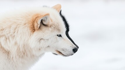 Obraz premium A close-up profile of a two-colored dog against a snowy background.