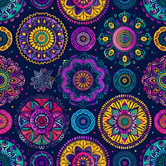 Fototapeta premium A vibrant pattern featuring intricate mandala designs in various colors on a dark background.