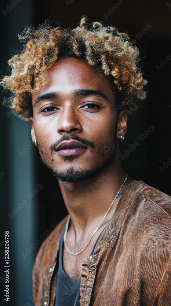 Poster a multiethnic man stands confidently against a textured backdrop, his tousled sandy hair catching th