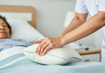 Obraz premium Nurse adjusting pillow for elderly patient in hospital bed showing compassionate care
