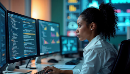 Focused black businesswoman works at computer terminal. Global network connectivity. Modern control room setting with multiple monitors. Serious expression working. Pro office environment. Tech