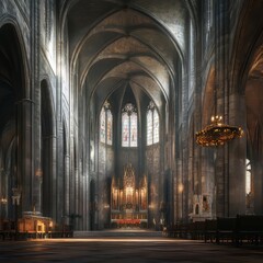 Obraz premium Grand cathedral interior, sunlight streams in