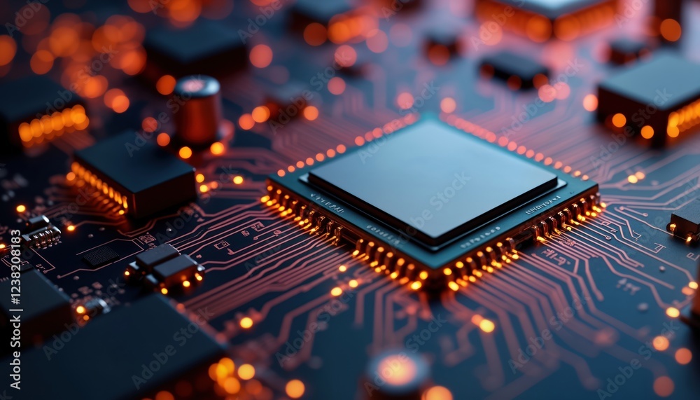 Poster close-up view of computer cpu chip on circuit board. electronic components, intricate circuitry visi