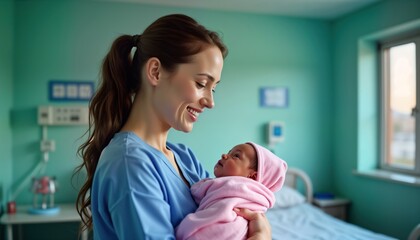 Smiling midwife holds newborn baby. Tender care shown in hospital ward. Happy bonding moment between pro, infant. New life, care concept. Warmth, safety present. Focus on human connection, expertise.