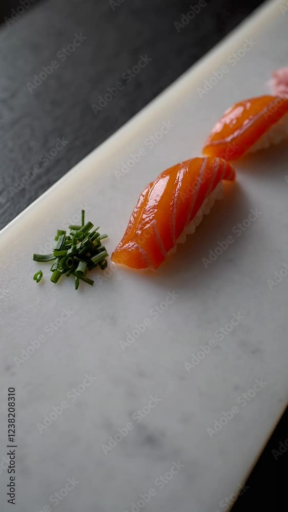 Poster a close-up of glossy salmon nigiri in sharp focus on a polished white marble surface, with subtle ga