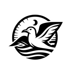 Seagull in Flight: A Majestic Bird Soaring Over the Ocean Waves Under the Moon and Sun